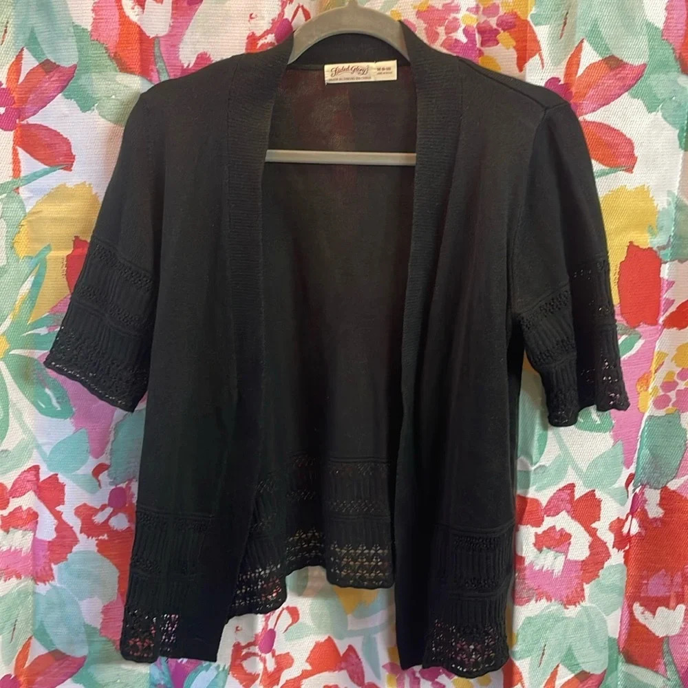 Black open front cardigan womens 8-10 with beautiful lace at arm and bottom